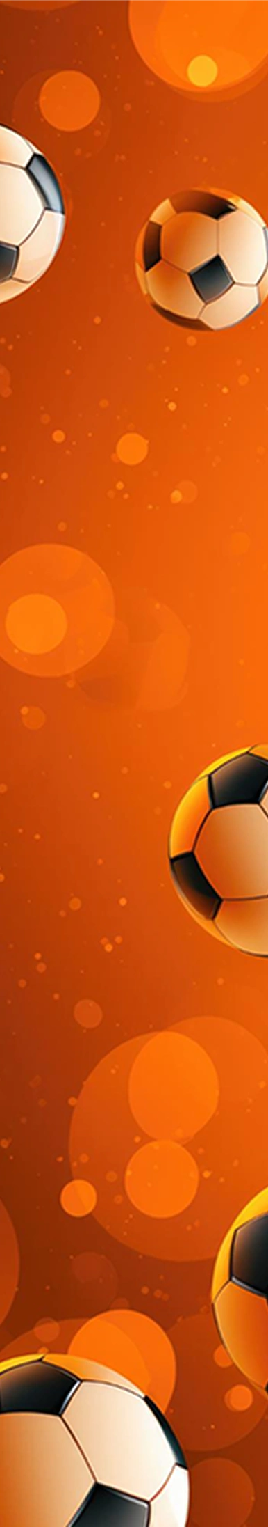 Várias bolas de futebol a flutuar num fundo laranja vivo, com efeitos de luz brilhantes e bokeh abstrato.