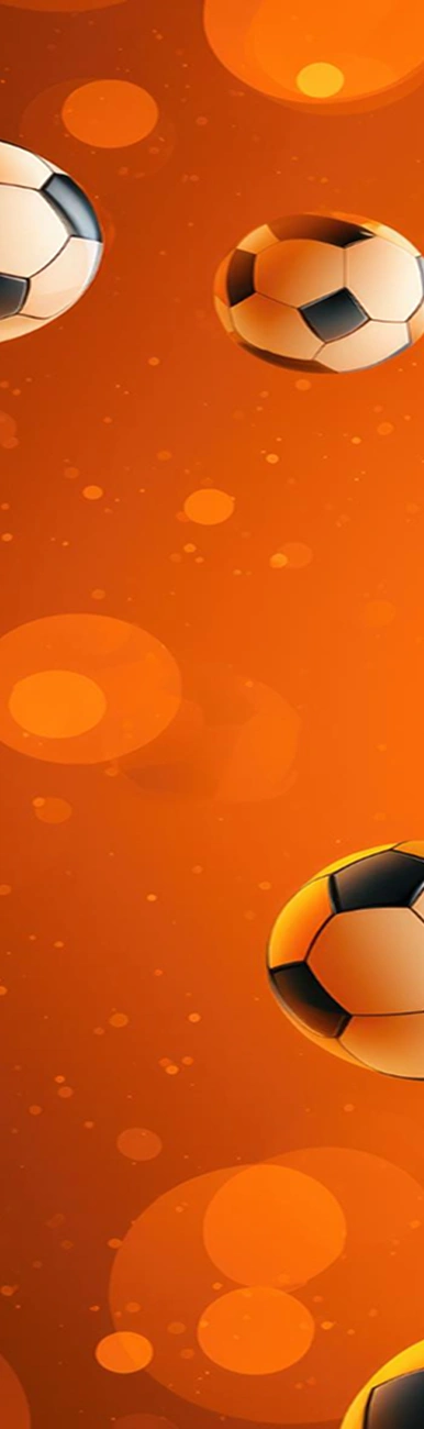 Várias bolas de futebol a flutuar num fundo laranja vivo, com efeitos de luz brilhantes e bokeh abstrato.